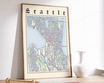 Seattle Map Print, Classic Map of Seattle, Seattle Poster, Seattle Washington, Seattle Wall Art, US City Map