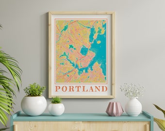 Poster della mappa dell'acquerello di Portland, Maine, della mappa di Portland, arte della parete di Portland, regalo della pittura della città di Portland