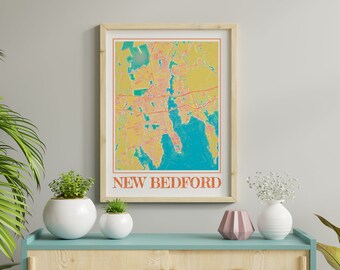 水彩画 ニューベッドフォード マサチューセッツ州地図 アートプリント、マサチューセッツ州のお土産