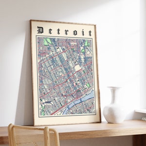 Detroit kaart afdrukken, klassieke kaart van Detroit, Detroit poster, Detroit Michigan print, kunst aan de muur Detroit, Amerikaanse stadsplattegrond