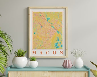 Akwarela Macon Mapa Plakat Macon Georgia Mapa Macon Sztuka ścienna Macon Dar Macon Miasto Malarstwo