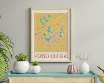 Impresión artística del mapa de acuarela de State College, Pensilvania