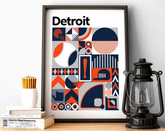 Póster de béisbol de Detroit, regalo para fanáticos de los Tigres, arte mural deportivo Bauhaus