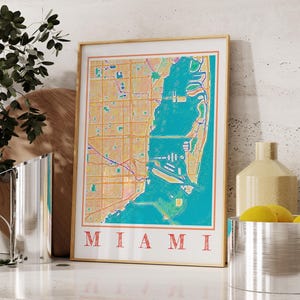 Affiche aquarelle de carte de Miami - art mural Miami en Floride, peinture carte de la ville, cadeau Miami, décoration d'intérieur côtière, oeuvre d'art de carte de voyage moderne