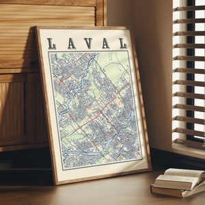 Affiche ancienne de carte de Laval, Québec, de Laval, Québec, Canada, décoration d'intérieur de Laval, impression de Laval, art mural de Laval, cadeau