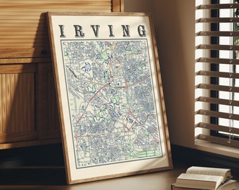 Antique Irving Texas Map Art Print: Vintage City Souvenir