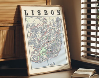 Antyczna mapa Lizbony Plakat Lizbony Portugalia Klasyczna mapa Lizbony Wydruk Lizbony Sztuka ścienna Lizbony Prezent Portugalia Mapa Plakat