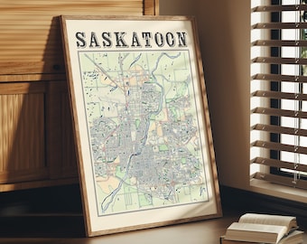 Impresión artística del mapa antiguo de Saskatoon: Decoración del hogar de Saskatchewan
