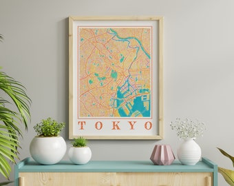 Impresión en acuarela del mapa de Tokio: arte mural de recuerdo de Japón