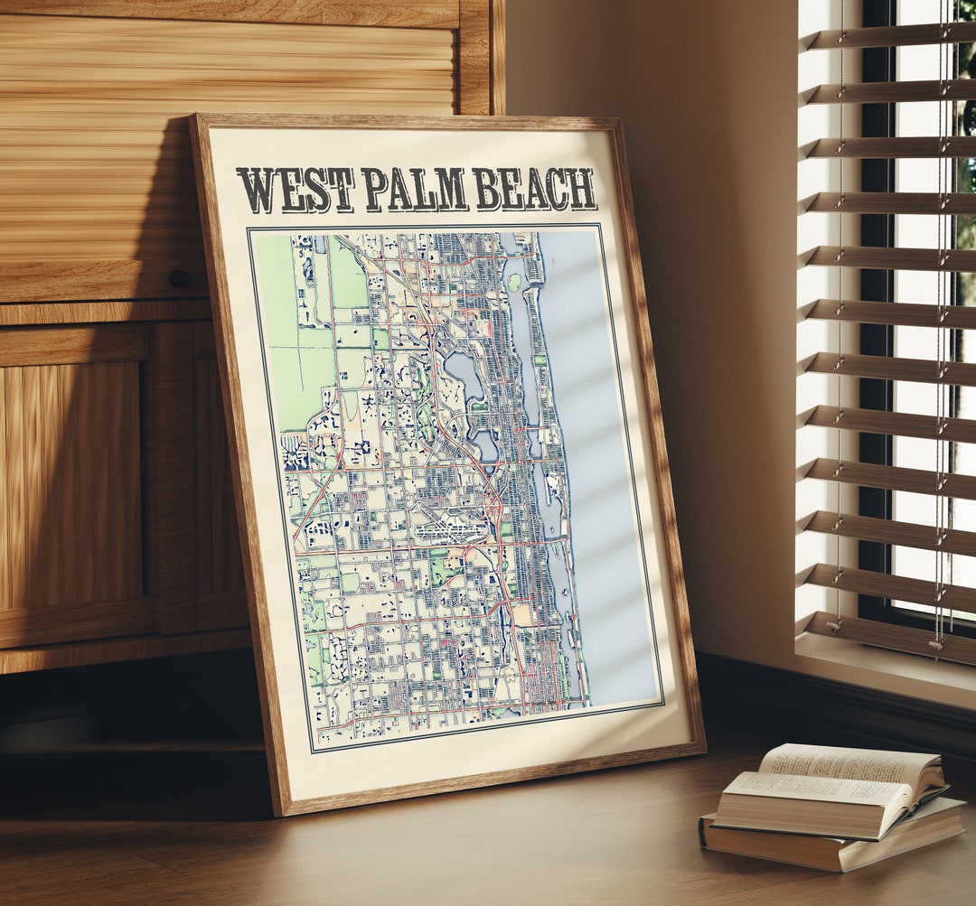 Antique West Palm Beach Map Poster of West Palm Beach Florida Wall Art ...