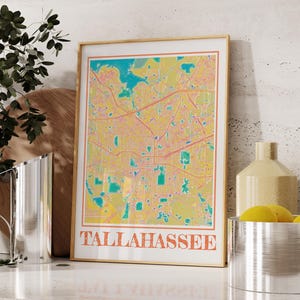 Plakat z mapą Tallahassee w akwareli - Floryda, wydruk artystyczny na ścianę, prezent z Tallahassee, malowanie mapy miasta, wystrój domu