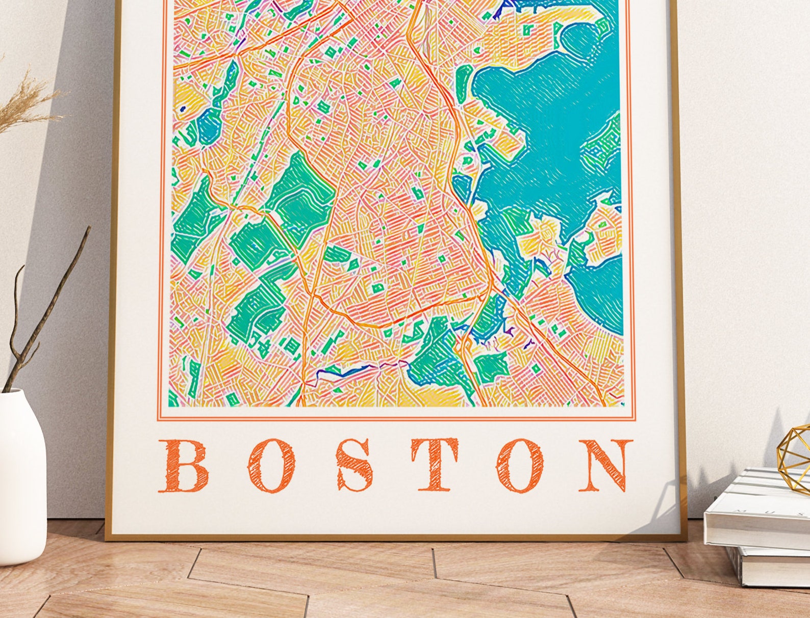 Watercolor Boston Map Poster of Boston Wall Art of Massachusetts Map of ...