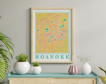 Watercolor Roanoke Map Poster of Roanoke Virginia Map of Roanoke Wall Art of Roanoke Gift of Roanoke VA Prints of Roanoke Virginia