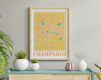 Impression de carte de l'Illinois, champagne, aquarelle : souvenir de la ville