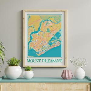 Poster con mappa artistica di Mount Pleasant, Carolina del Sud, acquerello