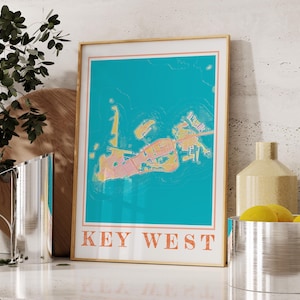 Key West kaart poster aquarel kunst aan de muur, kaart Florida van Key West City schilderij, uniek Key West cadeau woondecoratie