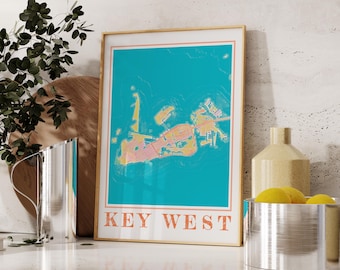 Póster del mapa de Cayo Hueso: Arte urbano en acuarela, decoración del hogar de Florida