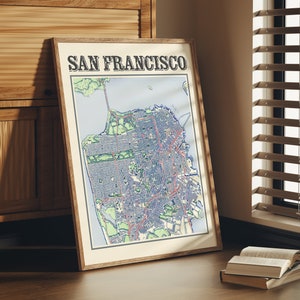 Affiche antique de carte de San Francisco de San Francisco Californie Carte classique de San Francisco Impression d&#39;art mural de San Francisco