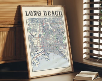 May include: A framed map of Long Beach, California, with a vintage style design. The map shows the city's streets, landmarks, and coastline.