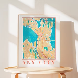 Impression de carte personnalisée d'art mural de carte à faire soi-même, affiche de n'importe quel plan de la ville, impression aquarelle, cadeau pour elle, art mural personnalisé, carte