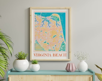 Virginia Beach Map Poster Watercolor Print, Virginia Beach Wall Art, Virginia Map Gift, Virginia Home Decor, Virginia Beach VA Print