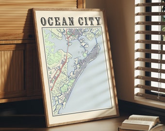 May include: A framed map of Ocean City, Maryland, with a light blue background and brown, green, and red lines representing roads and waterways. The map is framed in a light brown wood frame.