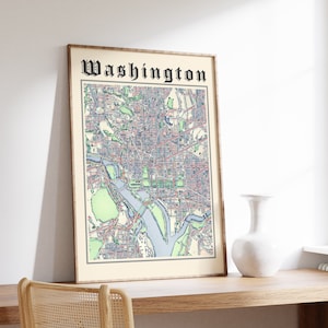 Washington kaart afdrukken, klassieke kaart van Washington, Washington poster, Washington DC print, kunst aan de muur Washington, Amerikaanse stadsplattegrond