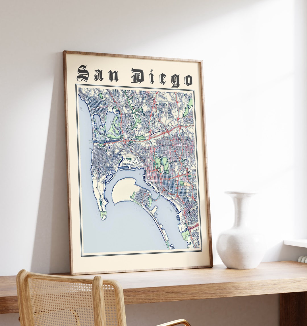 San Diego Map Print, Classic Map of San Diego, San Diego Poster, San Diego California, San Diego ...