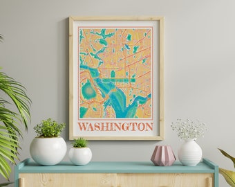 May include: A framed print of a colorful map of Washington, D.C. with the city name printed below the map.