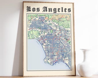 Stampa classica della mappa di Los Angeles, poster della mappa di Los Angeles, regalo artistico da parete della città della California