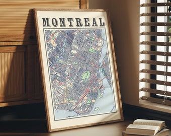 May include: A framed map of Montreal, Canada, with a vintage style design. The map is printed in blue, red, and black on a white background. The title "Montreal" is printed in black at the top of the map.