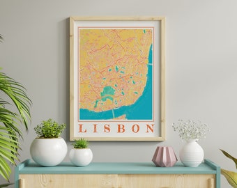Aquarel Lissabon kaart poster van Portugal Lissabon kaart van Lissabon kunst aan de muur van Lissabon geschenk van Lissabon print van Portugal kaart poster