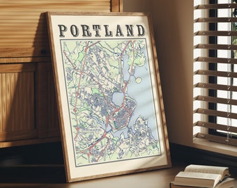 Stampa artistica antica della mappa di Portland, Maine: souvenir classico della città