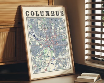 Antique Columbus Map Poster of Columbus Ohio Classic Map of Columbus Print of Columbus Wall Art of Columbus Gift