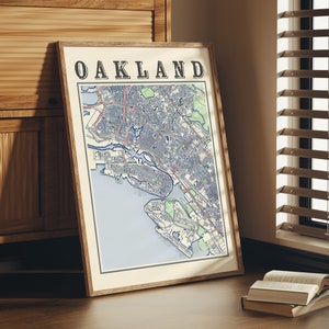 Antike Oakland Karte Plakat, Vintage Wand-Kunst-Heimdekor aus Kalifornien, Oakland-Druck Geschenk, San Francisco Bay Region