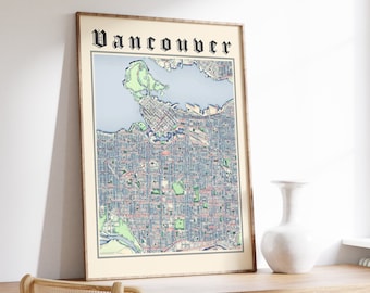 Vancouver Map Poster, Classic Map of Vancouver, Vintage Vancouver British Columbia Print, Vancouver Wall Art, Canada City Map