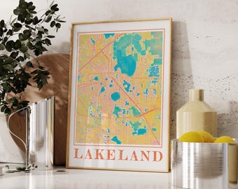Akvarell Lakeland Florida kartaposter - Lakeland väggkonsttryck, stadskartamålning, present till Lakeland FL-älskare