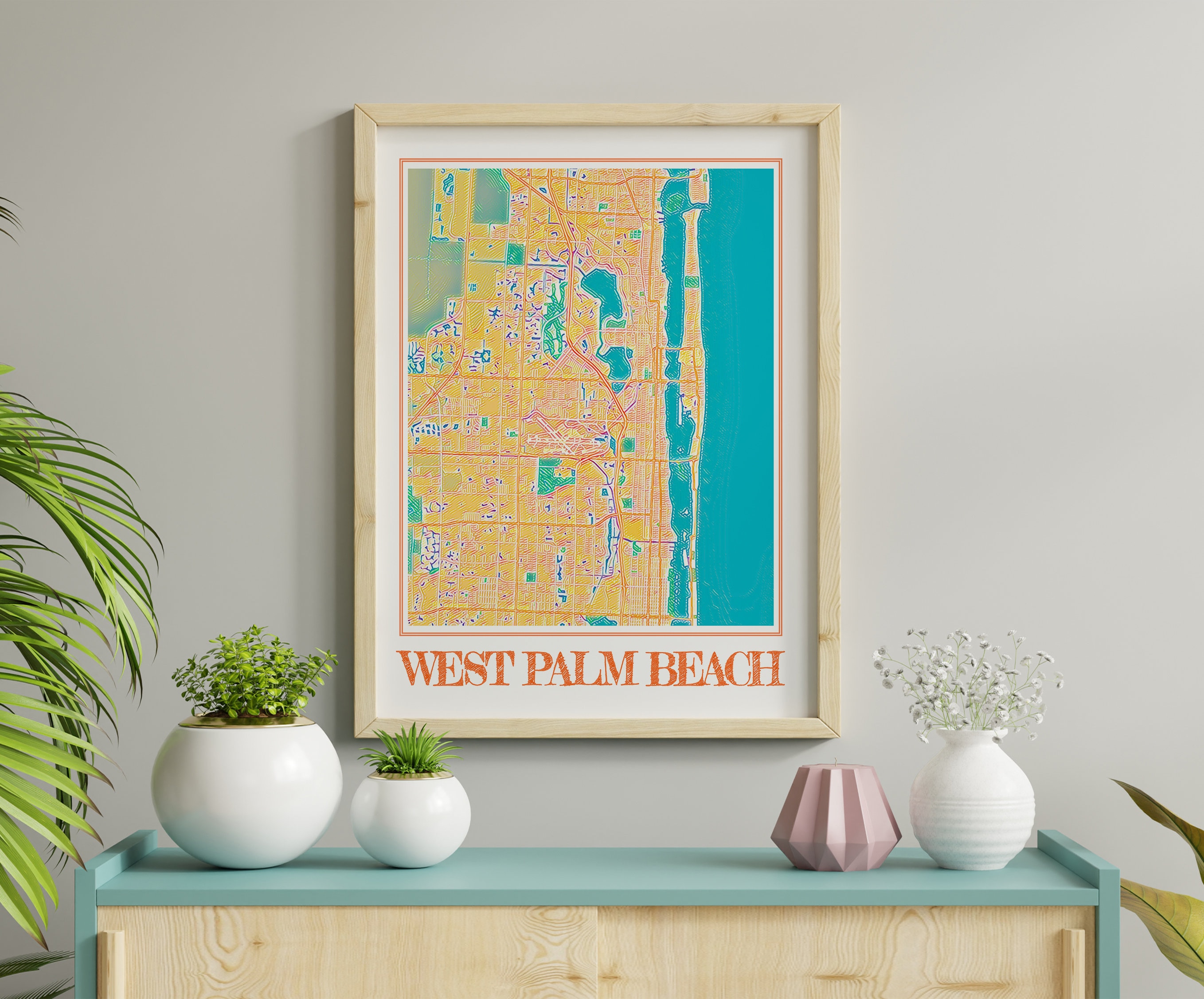 Watercolor West Palm Beach Map Poster - Florida City Wall Art - Etsy