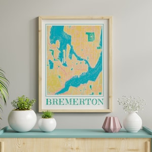 Aquarel Bremerton kaart poster van Bremerton Washington kaart van Bremerton kunst aan de muur van Bremerton geschenk van Bremerton WA prenten van Bremerton