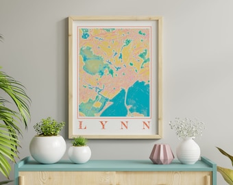 Watercolor Lynn Massachusetts Map Art Print, MA City Souvenir