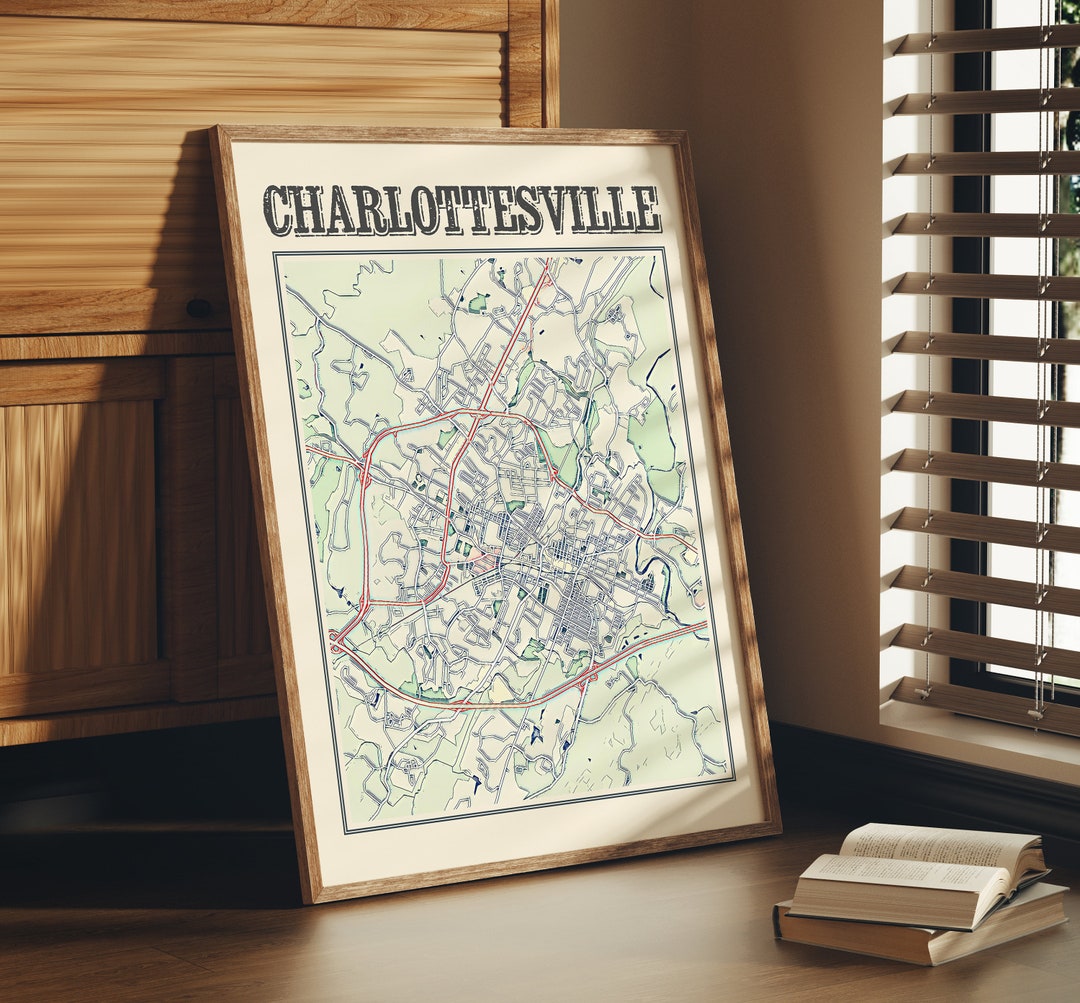 Antique Charlottesville Map Poster of Charlottesville Virginia Wall Art of Charlottesville VA