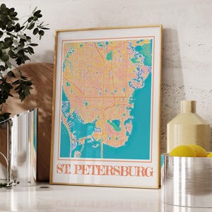 Impression de carte aquarelle de Saint-Pétersbourg - peinture de carte de la ville de Floride, affiche d'art mural Saint-Pétersbourg en Floride, cadeau de décoration intérieure côtière