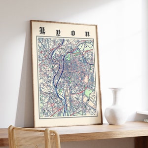 Impresión de mapas de Lyon, Mapa clásico de Lyon, Cartel de Lyon, Impresión de Lyon Francia, Arte de la pared de Lyon, Mapa de Francia
