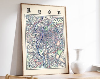 Stampa mappa di Lione, mappa classica di Lione, poster di Lione, stampa di Lione Francia, arte della parete di Lione, mappa della Francia
