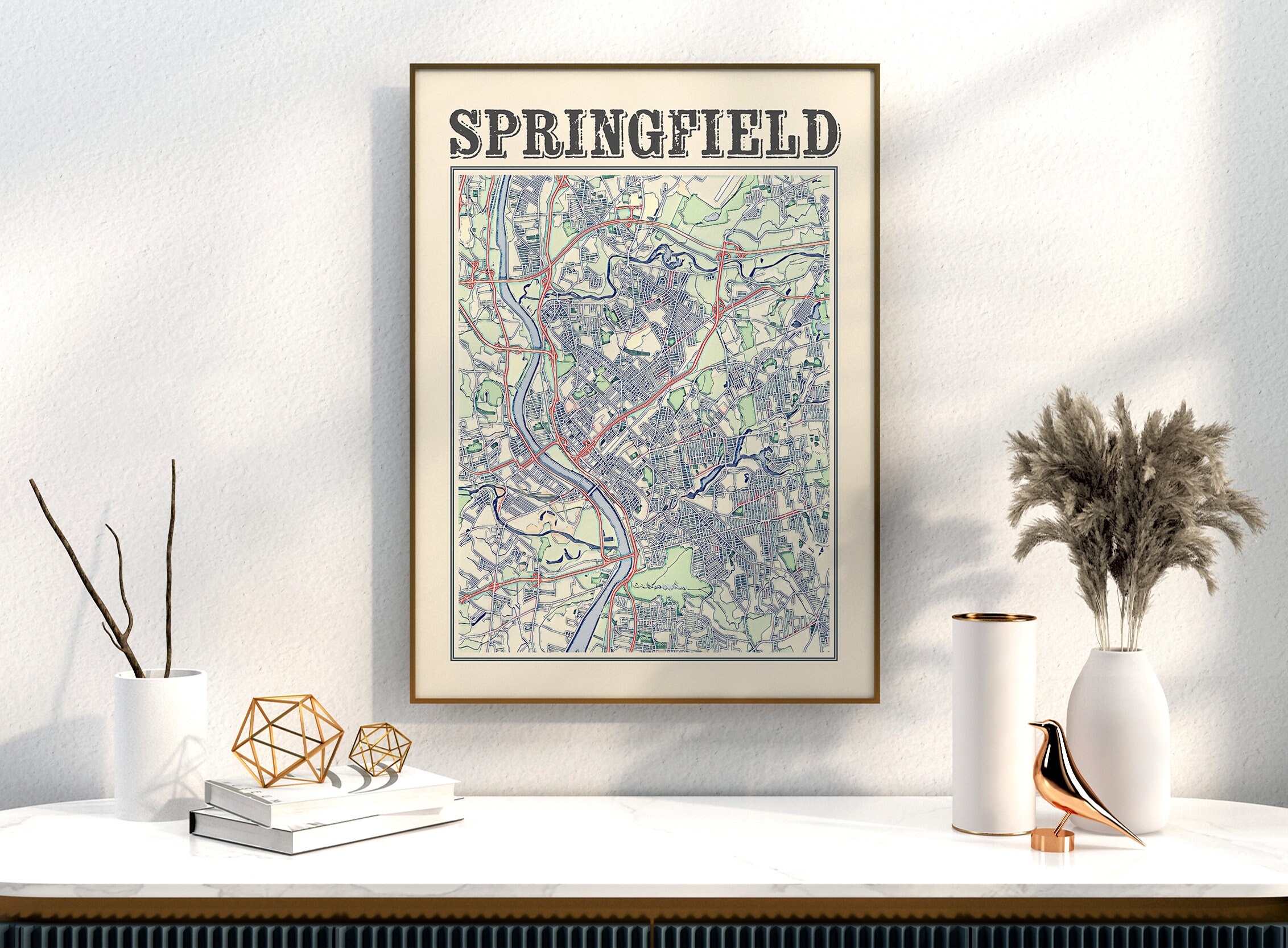 Antique Springfield Massachusetts Map Poster of Springfield Classic Map ...