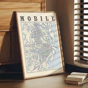 Affiche ancienne de carte mobile de l'Alabama de l'Alabama, carte classique de l'Alabama Impression de l'art mural du mobile Cadeau de l'impression de carte de l'Alabama