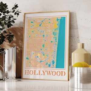 Aquarel Hollywood-kaartposter Florida, kunst aan de muur Hollywood FL, uniek Hollywood-cadeau, woondecoratie kust, reiskaart Florida