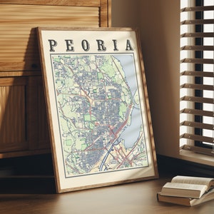 Ancienne carte de Peoria, affiche de Peoria, Illinois, décoration d'intérieur vintage de Peoria, impression de Peoria, art mural de Peoria, cadeau de Peoria, Illinois
