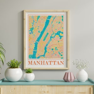 Affiche de carte de Manhattan aquarelle, art mural de la ville de New York, impression de carte de Manhattan, cadeau pour les amateurs de Manhattan, décoration de peinture de la ville urbaine