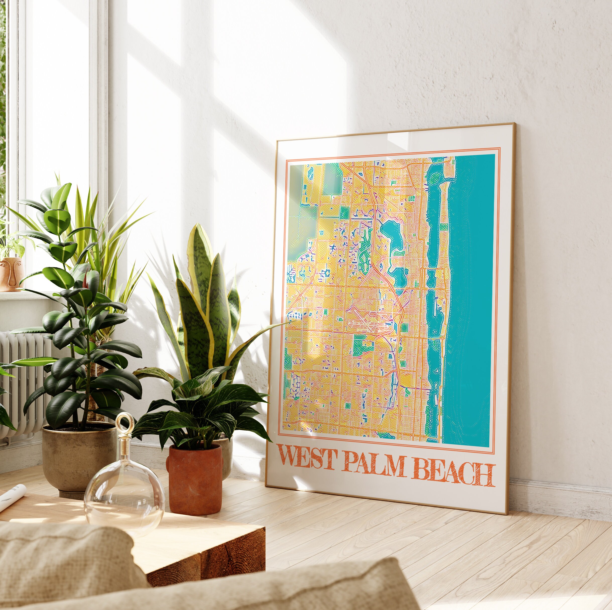 Watercolor West Palm Beach Map Poster - Florida City Wall Art - Etsy